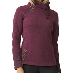 Prana Lucia Herringbone Sweater Turtleneck Button Tie Oversized Wool Purple M